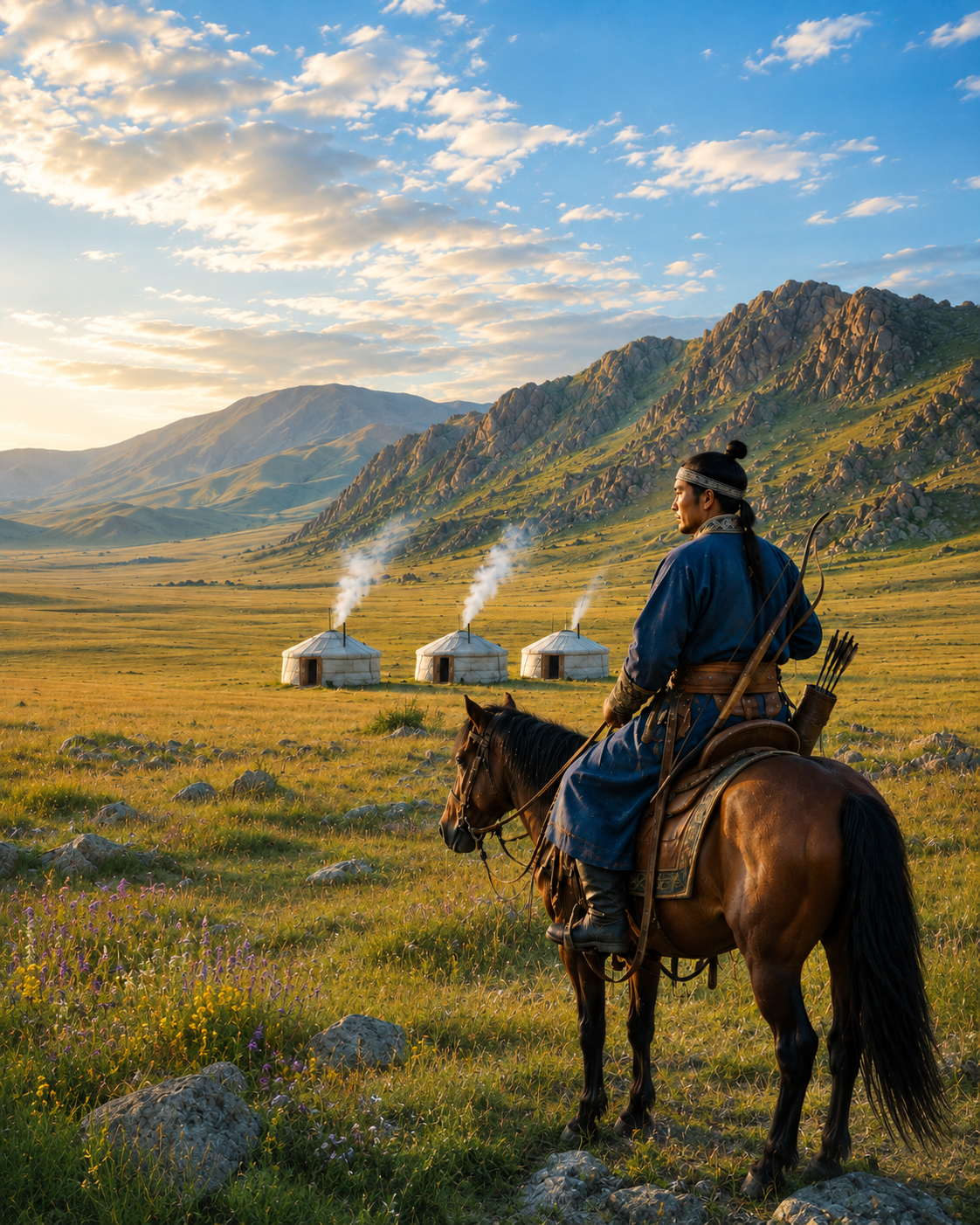 Mongolian archer on horseback overlooking a nomadic camp